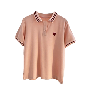 粉色POLO领短袖T恤女夏韩版宽松减龄百搭爱心刺绣polo衫半袖上衣