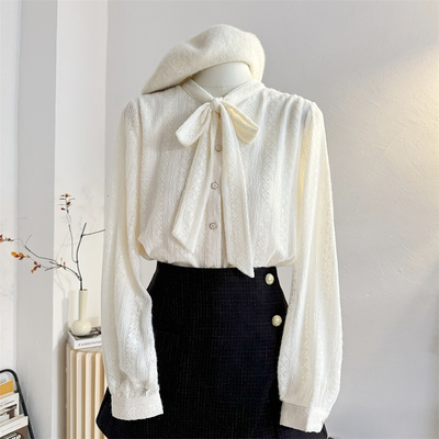 气质长袖蕾丝系带蝴蝶结衬衫女