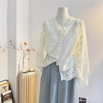 法式气质花边V领蕾丝衬衫女长袖2025春季宽松重工刺绣小衫上衣