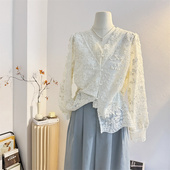 宽松重工刺绣小衫 法式 2025春季 女长袖 上衣 气质花边V领蕾丝衬衫