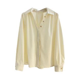法式高级感气质V领长袖衬衫女秋冬设计感小众肩部褶皱金扣上衣杏