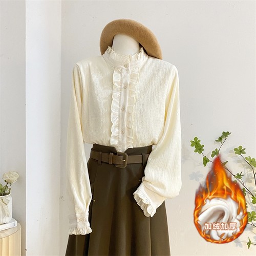 宽松气质长袖立领衬衫女加绒加厚