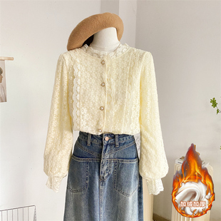 秋冬花边灯笼袖蕾丝衫加绒加厚长袖衬衫洋气内搭打底衫小衫上衣杏