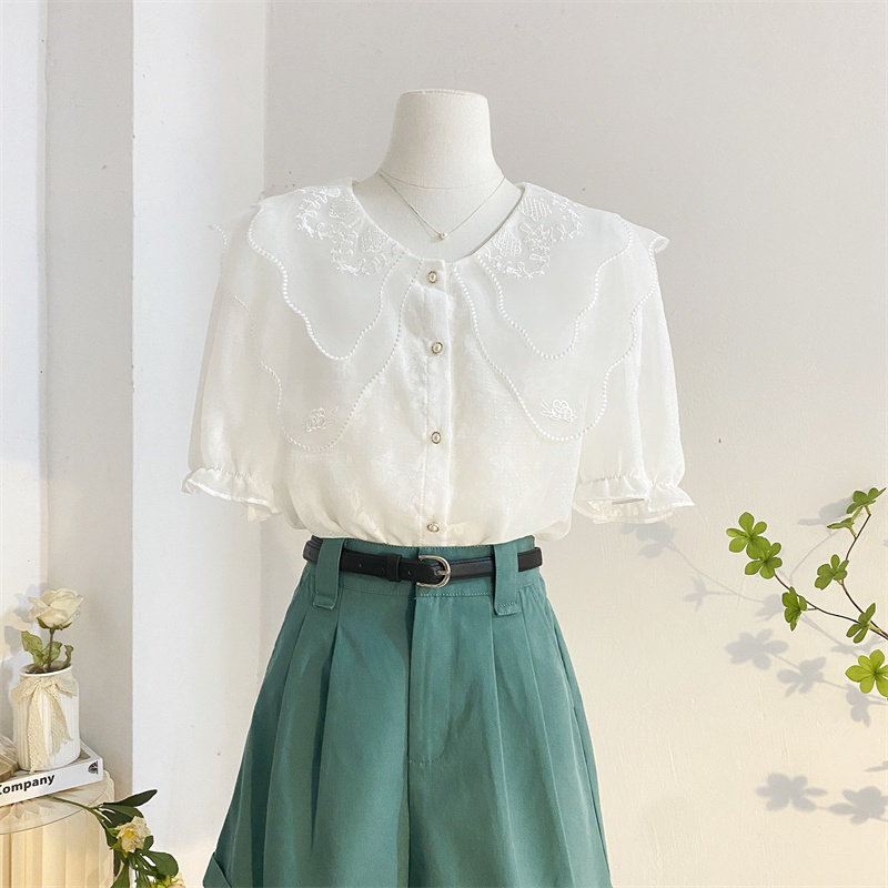 双层蕾丝花边娃娃领衬衫女夏季设计感宽松减龄洋气短袖雪纺衫上衣