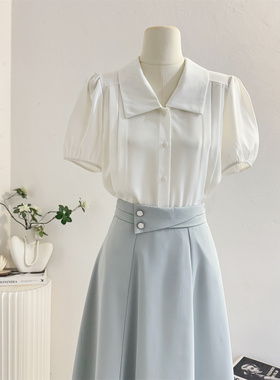 白色法式翻领泡泡短袖衬衫女2026夏垂感气质雪纺上衣职业通勤衬衣