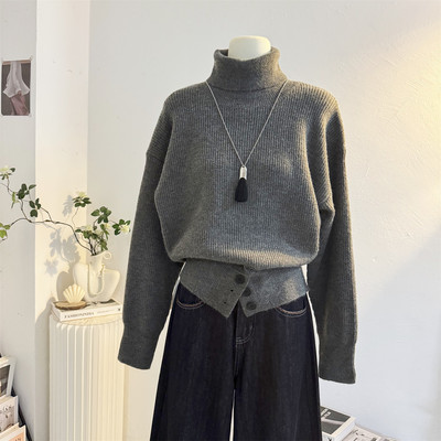 宽松加厚收腰深灰色高领套头毛衣