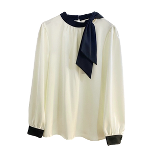 法式高级感拼色小立领蝴蝶结缎面衬衫女春设计感气质醋酸长袖上衣