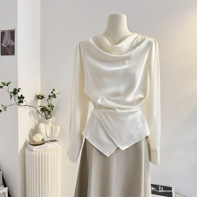 法式绑带收腰荡领缎面长袖衬衫女