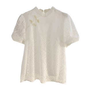 新中式立领盘扣蕾丝衫减龄气质短袖衬衫女夏设计感泡泡袖小衫上衣