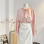 新款 女2025春季 通勤缎面飘带衬衣垂感上衣 温柔领口蝴蝶结衬衫 法式