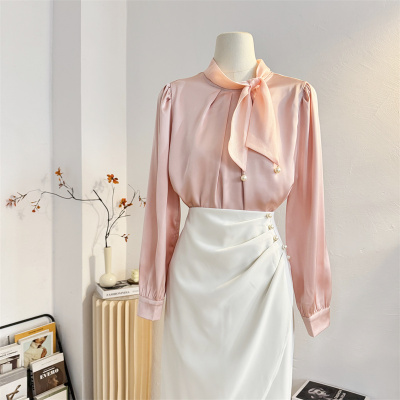 法式温柔立领蝴蝶结缎面长袖衬衫