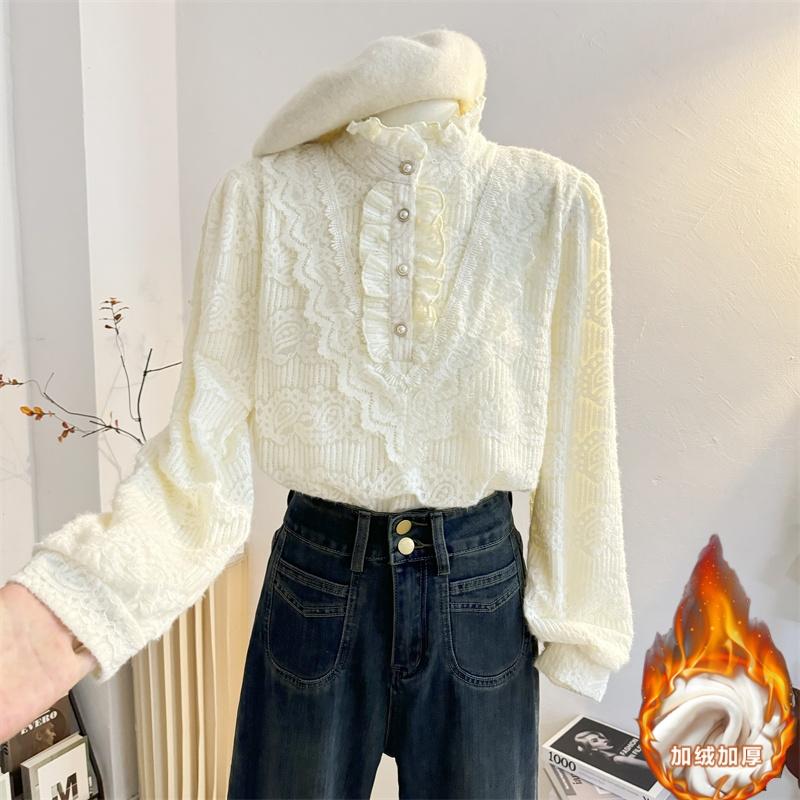 长袖蕾丝衬衫女加绒加厚木耳立领
