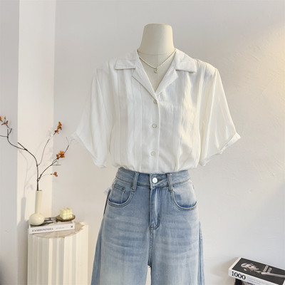 宽松法式古巴领白色短袖衬衫女夏