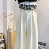 肌理感小个子 女春夏宽松显瘦直筒拖地裤 奶白色高腰窄版 阔腿牛仔裤