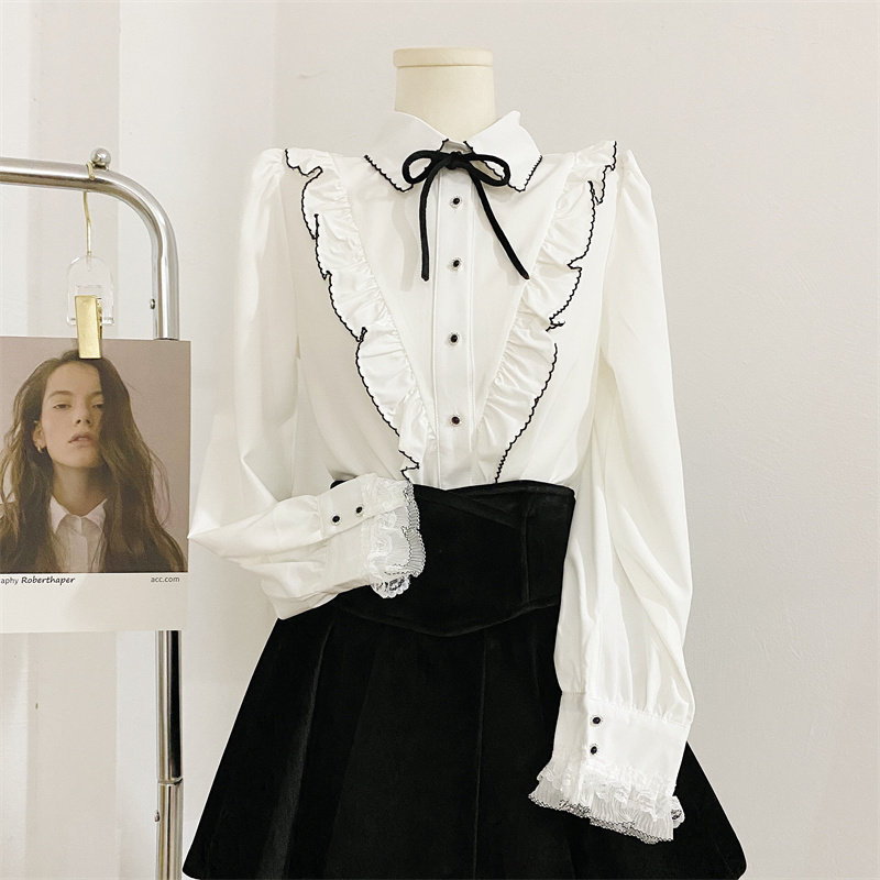 2022春甜美荷叶边系带蝴蝶结衬衫女设计感小众洋气长袖雪纺衫上衣