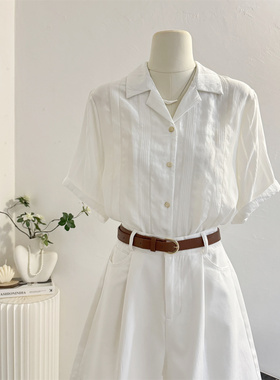 法式古巴领白色短袖衬衫女2026夏季宽松休闲通勤衬衣复古气质上衣