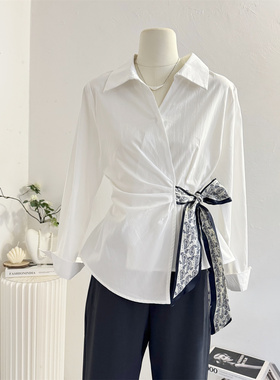 丝巾系带收腰白色衬衫女长袖2026春设计感不规则气质衬衣显瘦上衣