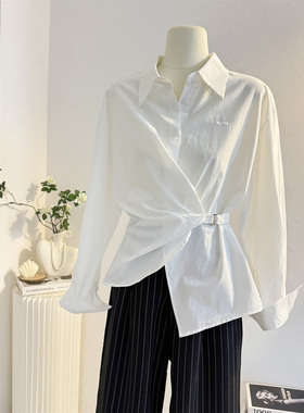 不规则褶皱收腰白色长袖衬衫女2025秋设计感气质通勤衬衣法式上衣