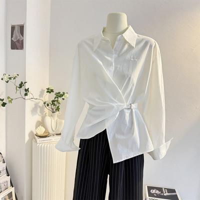 不规则褶皱收腰法式气质长袖衬衫