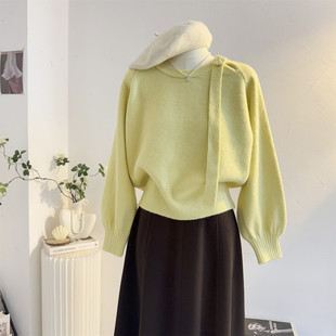 韩系气质立体花朵圆领飘带毛衣女2025秋冬宽松短款套头针织衫上衣