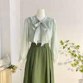 天丝小衫 绿色系带蝴蝶结衬衫 气质荷叶边雪纺衫 法式 上衣 女2025春季