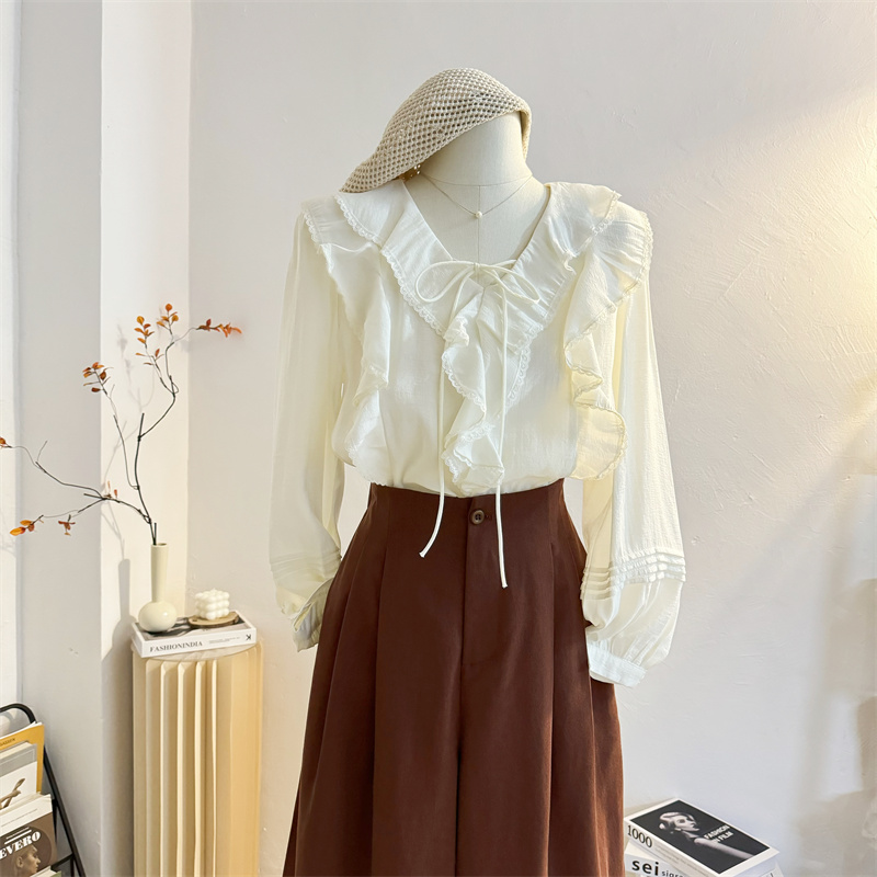 宽松甜美套头长袖系带衬衫荷叶边