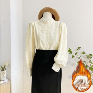 蕾丝花边立领灯笼袖衬衫女秋冬加绒加厚气质内搭打底洋气小衫上衣