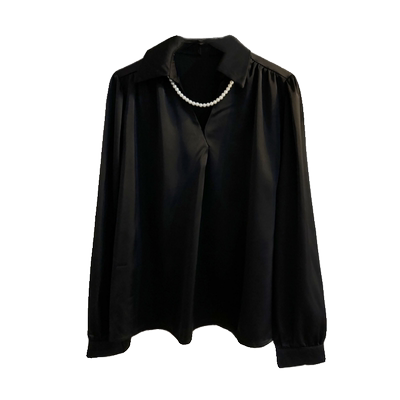 宽松气质套头长袖缎面珍珠链衬衫