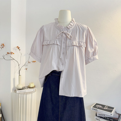 宽松法式系带木耳立领短袖衬衫女