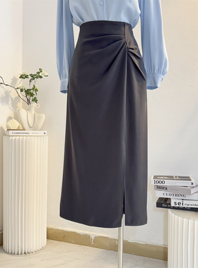 灰色褶皱开叉半身裙女2025秋中长款高腰包臀显瘦气质通勤西装裙子