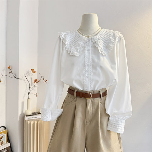 法式花边娃娃领白色长袖衬衫女