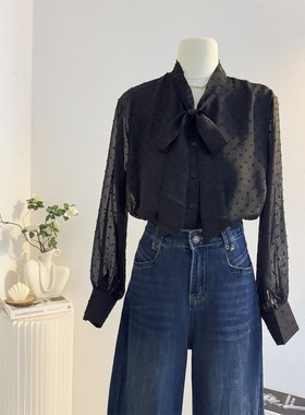 黑色系带蝴蝶结波点雪纺衬衫女长袖2025秋设计感飘带衬衣小衫上衣