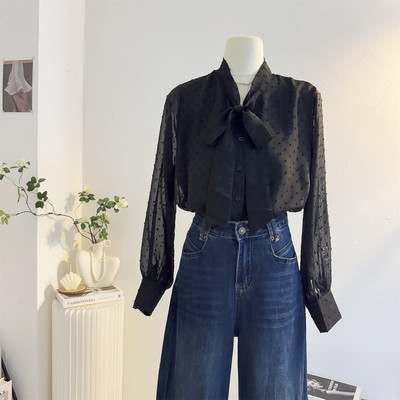 法式系带蝴蝶结波点雪纺长袖衬衫