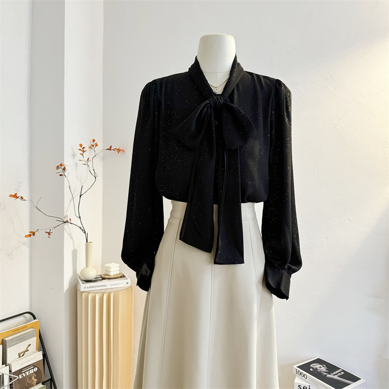 宽松法式长袖雪纺飘带衬衫亮片
