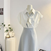女2025夏丝巾系带气质通勤衬衣垂感职业上衣 衬衫 法式 V领缎面短袖