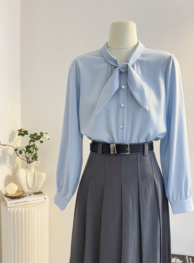 蓝色蝴蝶结长袖衬衫女2025秋季气质通勤飘带衬衣垂感职业正装上衣