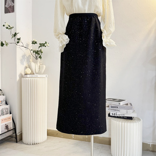高级感亮片半身裙女2025秋冬中长款高腰毛呢直筒裙包臀后开叉裙子
