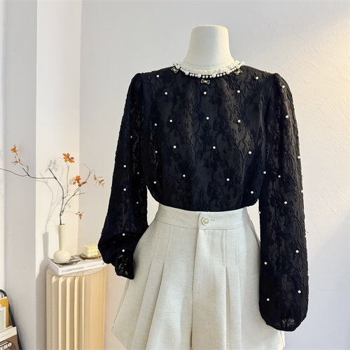 法式气质钉珠圆领蕾丝长袖衬衫女