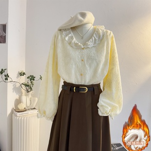 法式娃娃领加绒刺绣蕾丝衬衫女2025秋冬加厚减龄内搭打底小衫上衣