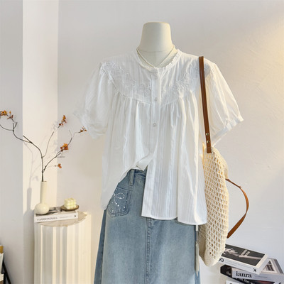 宽松法式花边圆领泡泡短袖衬衫女