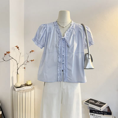 法式系带木耳边V领短袖衬衫女