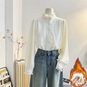 洋气内搭打底小衫 女加绒加厚秋冬法式 上衣杏 衬衫 木耳花边立领长袖