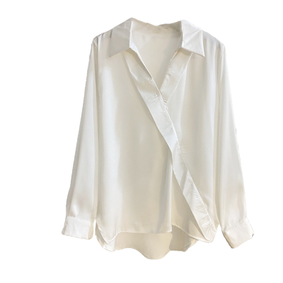 宽松气质套头长袖缎面V领衬衫女