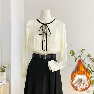 甜美长袖立领蝴蝶结衬衫加绒加厚
