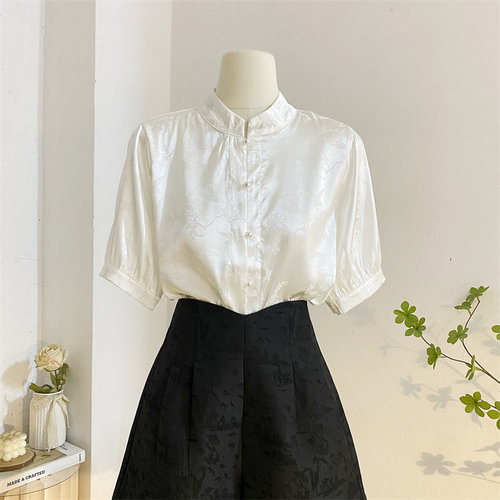 中国风短袖缎面提花衬衫立领钉珠