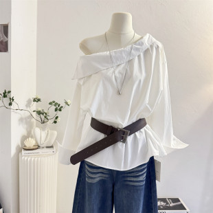 设计感小众斜领露肩衬衣腰带收腰上衣 女2026春季 白色斜肩长袖 衬衫