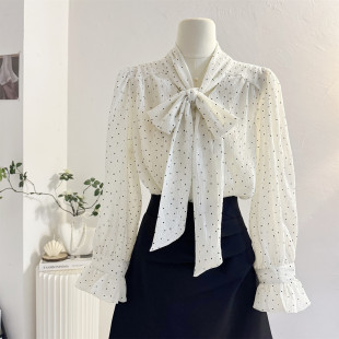 复古温柔气质小衫 飘带蝴蝶结波点雪纺衫 女2026春法式 衬衫 上衣 长袖