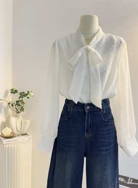 白色系带蝴蝶结雪纺长袖衬衫女2025秋季飘带衬衣减龄气质小衫上衣