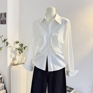 设计感小众修身 女2025秋季 显瘦气质衬衣通勤 衬衫 褶皱收腰白色长袖