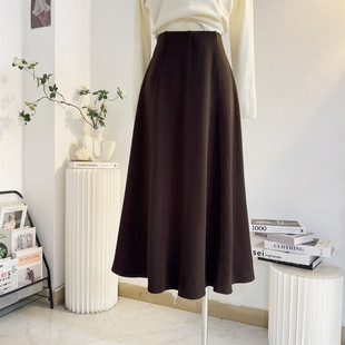 咖色毛呢伞裙半身裙女2025秋冬中长款高腰A字大摆呢子裙气质裙子